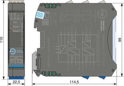 Габаритные размеры барьера ЭнИ-БИС-3220-Ех-АI с разъемами с винтовыми клеммниками