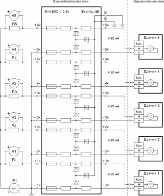 Схема подключения пассивного барьера ЭнИ-БИС-112-Ex с одним источником питания