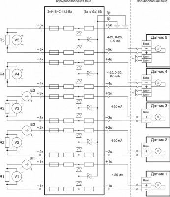 Схема подключения пассивного барьера ЭнИ-БИС-112-Ex с гальванически развязанными источниками питания