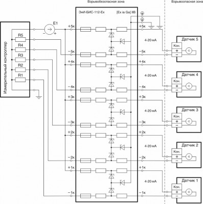 Схема подключения пассивного барьера ЭнИ-БИС-112-Ex с измерительным контроллером с объединенными минусами измерительных цепей