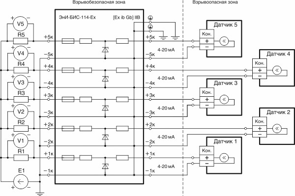 Схема подключения пассивного барьера ЭнИ-БИС-114-Ex с одним источником питания