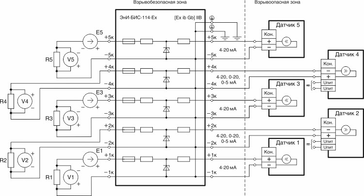 Схема подключения пассивного барьера ЭнИ-БИС-114-Ex с гальванически развязанными источниками питания