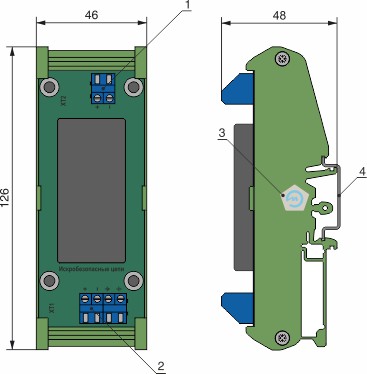 Габариты и индикация ЭнИ-БИС-118-Ех, исполнение DIN
