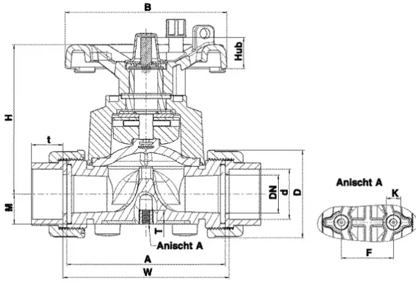 Мембранный клапан ПВХ с муфтовыми окончаниями, FKM, Praher Plastics d20 (DN15) MV-T4-DN15-PVC